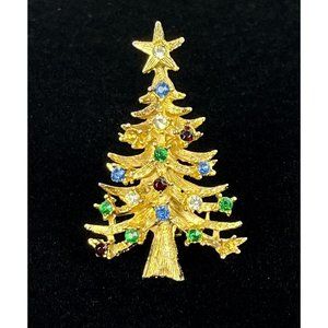 Laurentian Vintage LJM Signed Gold Tone Rhinestone Christmas Tree Brooch